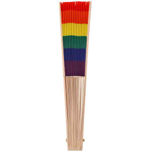 A hand fan with a rainbow design featuring vibrant red, orange, yellow, green, blue, and purple stripes; has a wooden frame.