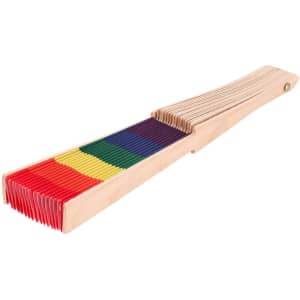 A wooden hand fan featuring multiple vibrant coloured folds, including red, yellow, green, and purple. It has a simple design.