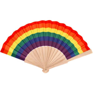 A hand fan featuring a rainbow pattern with red, orange, yellow, green, blue, and purple colours. It has a wooden frame and handle.