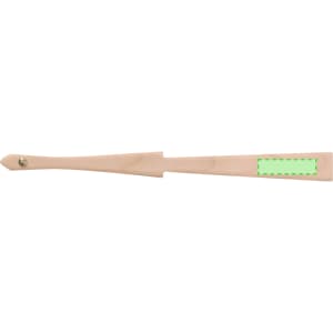 A wooden hand fan in a natural light colour with a round end and a branding area.
