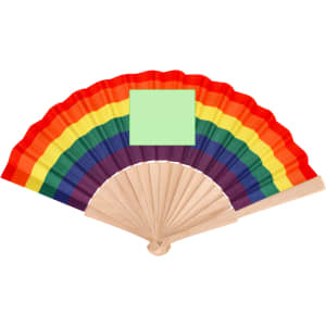 A colourful hand fan featuring a rainbow design with wooden handles and a blank square for customisation.