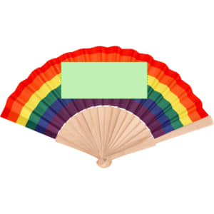 A hand fan featuring a vibrant rainbow design with a wooden handle. It has an empty space for customisation.