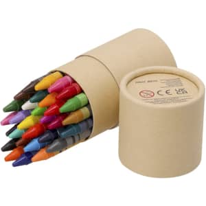 A cylindrical container with a range of colourful crayons in various shades, partially spilling out.