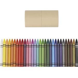 A set of 24 crayons in various colours arranged neatly, with a cardboard container above.