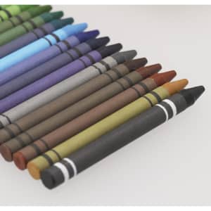 A set of assorted crayons in various colours, arranged neatly in a row, with a black and white striped design.