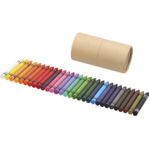 A crayon set featuring 30 vibrant crayons in various colours, packaged in a cylindrical cardboard container.