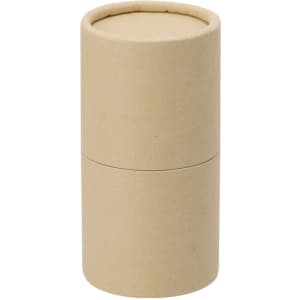 A cylindrical kraft paper container with a removable lid, designed for holding a crayon set.