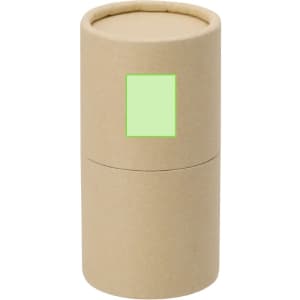 A cylindrical, eco-friendly cardboard container with a green square label. It has a removable lid for storage.