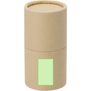 A cylindrical kraft paper container with a removable lid, featuring a green rectangular label.