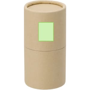 A cylindrical kraft paper container with a green label, designed for holding a crayon set.