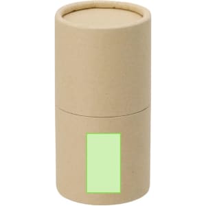 A cylindrical, eco-friendly cardboard container in a natural beige colour, containing a crayon set with a green label.
