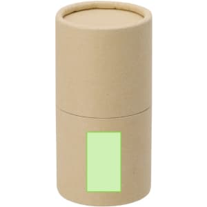 A cylindrical cardboard container in a natural brown colour, featuring a blank green label.