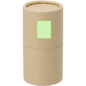 A cylindrical kraft cardboard container with a green square label, designed to hold a crayon set.