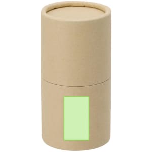 A cylindrical, eco-friendly packaging container in brown with a plain green label area.