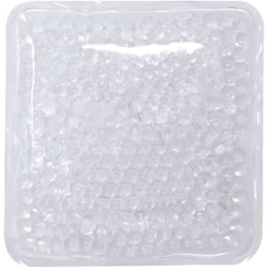 A clear gel pack with small beads, contained within a square plastic casing, designed for hot or cold therapy.
