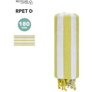 A yellow and white striped towel pareo, made of recycled cotton, featuring fringed edges and a brand logo.
