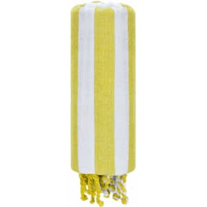 A yellow and white striped towel pareo with fringed edges and a branding logo.