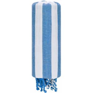 A blue and white striped towel pareo with fringed edges, featuring a logo.
