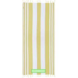A striped towel pareo in yellow and white with tasselled ends, featuring a logo.