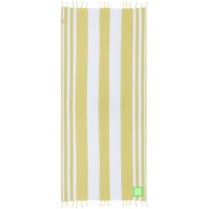 A yellow and white striped towel pareo featuring fringing at the edges and a small logo in the corner.
