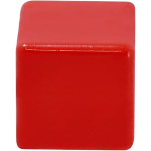 A red square stress cube with a glossy finish, featuring a branding logo.