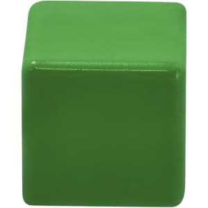 A green stress relief cube with a smooth surface, featuring a brand logo.