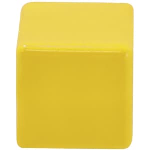 A yellow stress cube with a smooth surface, featuring a simple design and a logo on one side.