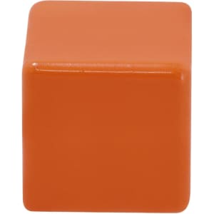An orange stress cube with a smooth surface and rounded edges. It features a logo on one side.