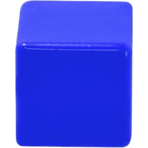 A solid blue stress cube with a smooth surface and rounded edges. It has a branding logo on one side.