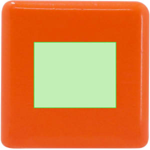 An orange square stress toy featuring a green rectangle in the centre. It has a smooth, glossy surface.