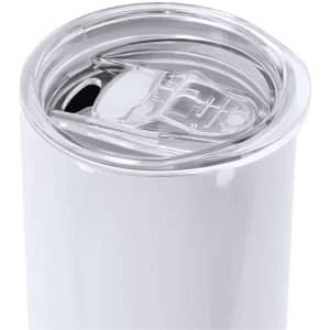 A drink bottle with a white exterior and a clear, sealable lid featuring a drinking aperture.