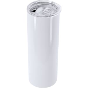 A drink bottle in white with a silver lid, featuring a logo. It is insulated and designed for thermos use.