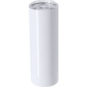 A drink bottle featuring a sleek, white finish and a clear lid, with a branding logo.