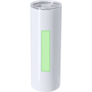 A drink bottle in white with a green rectangular design. It features a lid and has a branding logo.