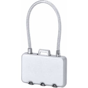 A silver padlock with a flexible cable and a rectangular body, featuring a logo at the top.