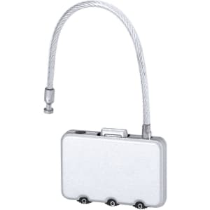 A silver padlock with a flexible cable attached, designed for secure locking. It features a branding logo.