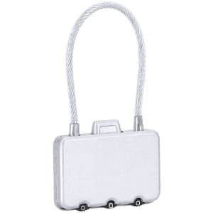 A silver padlock with a flexible cable, featuring a rectangular body and three numbers for a combination lock.