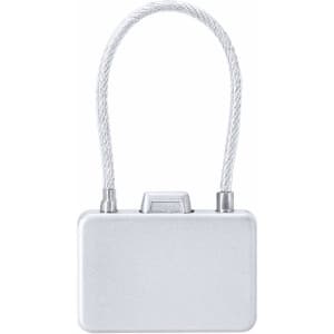A silver padlock with a flexible cable attachment. The padlock features a minimalist design and includes a logo.