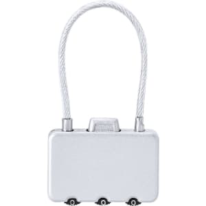 A silver padlock with a flexible cable for securing items, featuring a simple rectangular design.