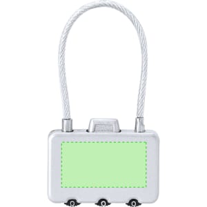 A silver padlock with a flexible cable and a blank green label area. Features branding on the body.