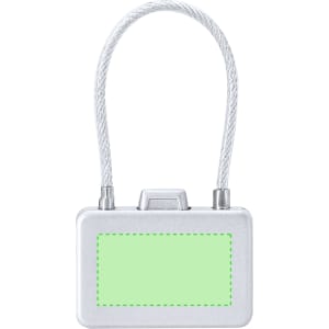 A silver padlock with a flexible wire loop and a blank green panel for customisation.