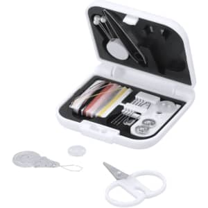 A white sewing kit containing threads, needles, buttons, scissors, and other sewing accessories in a compact case.