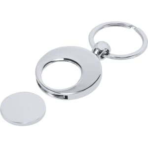 A shiny silver keyring with a circular design and a detachable coin. The keyring features a logo.