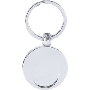 A silver keyring with a circular coin attachment, featuring a smooth, shiny finish.