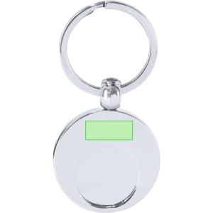 A silver keyring coin with a circular design and a split ring attachment. It features a blank area for customisation.