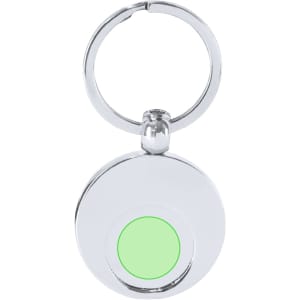 A shiny silver keyring with a round design featuring a green circular inset. It includes a keyring attachment.