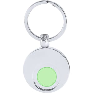 A shiny silver keyring with a round design featuring a green circular inset. It has a metal attachment loop.