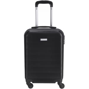 A black wheeled trolley bag with a retractable handle and four wheels, featuring a simple logo.
