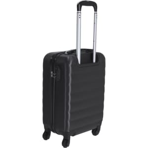 A black wheeled trolley bag with a sleek design, featuring four wheels and a retractable handle.