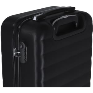 A sleek black wheeled bag with a textured surface, featuring a handle and zipper closure.